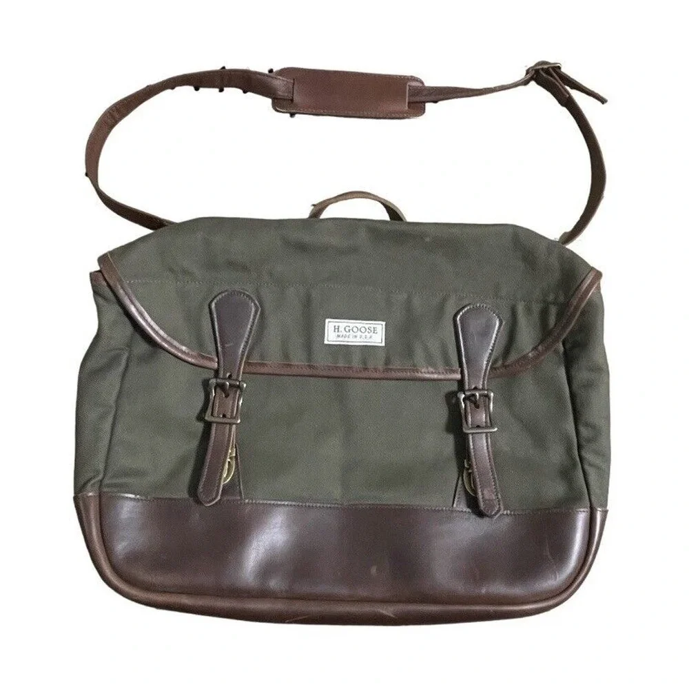 H.GOOSE Field Collection Canvas Leather Buffalo Plaid Lined Messenger Bag